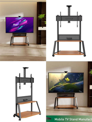 Zwarte mobiele tv-karretje tv-trolley op wielen vergrendeling wielen voor 55 - 86 inch monitor